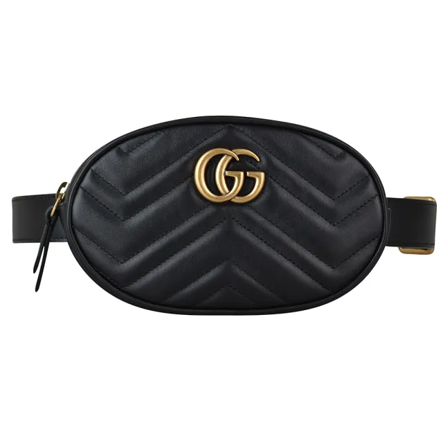 【GUCCI 古馳】經典Marmont系列復古金屬雙G牛皮愛心車線W字紋拉鍊小型胸掛/腰包(黑)