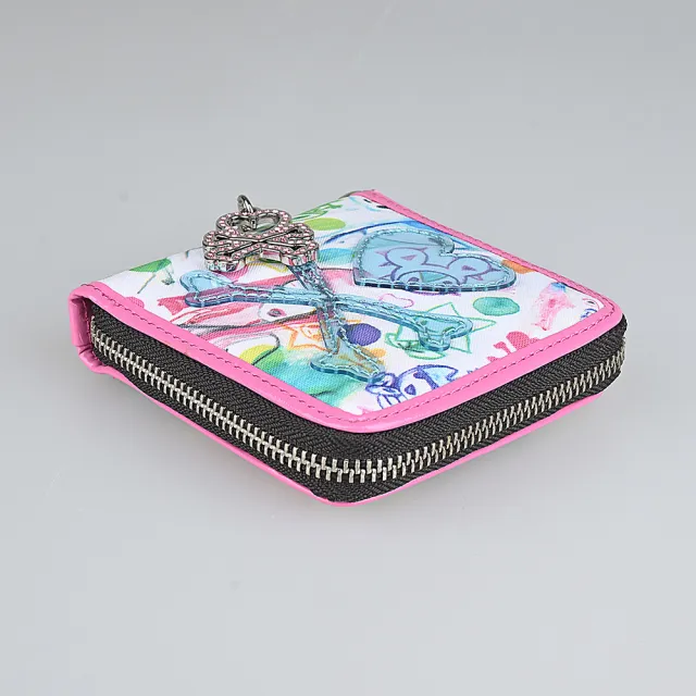 【TOKIDOKI】雙11 TOKIDOKI 藍色透明LOGO日系塗鴉圖案尼龍對折拉鍊短夾(粉紅x彩)