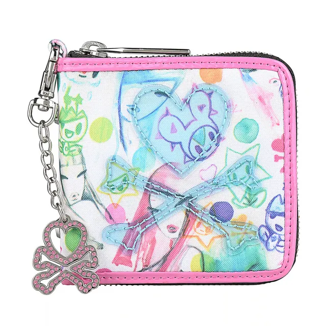 【TOKIDOKI】雙11 TOKIDOKI 藍色透明LOGO日系塗鴉圖案尼龍對折拉鍊短夾(粉紅x彩)