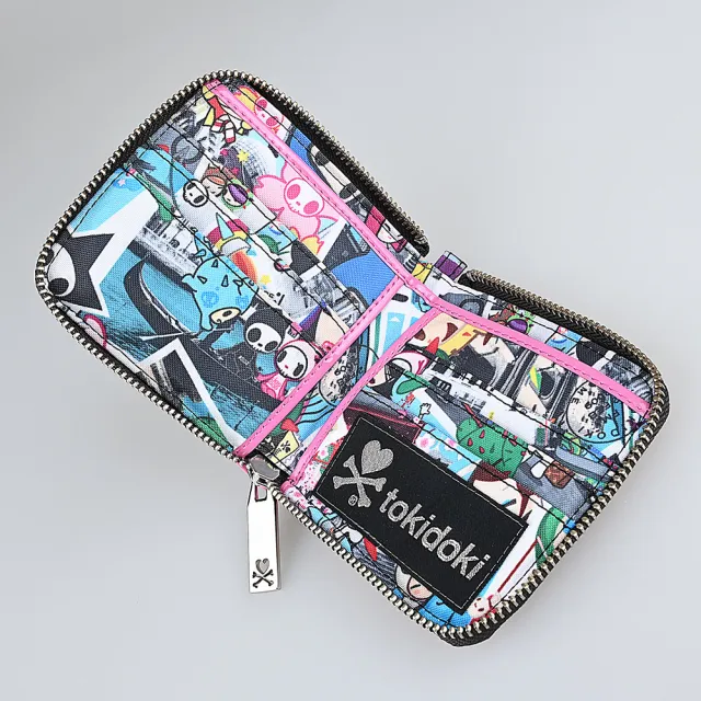 【TOKIDOKI】雙11 TOKIDOKI 粉紅LOGO卡通風格圖案尼龍拉鍊短夾(粉紅x彩)