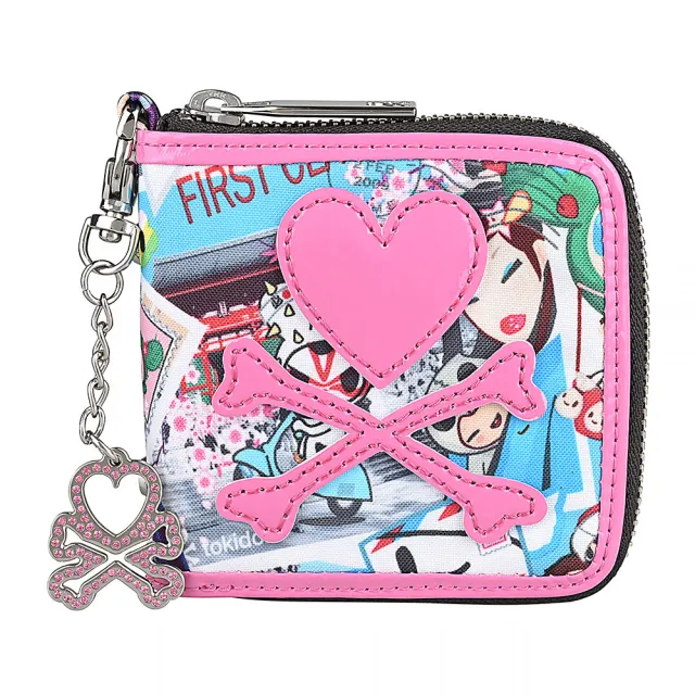 【TOKIDOKI】雙11 TOKIDOKI 粉紅LOGO卡通風格圖案尼龍拉鍊短夾(粉紅x彩)