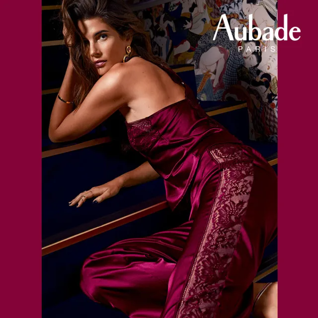 【Aubade】午夜低語蠶絲釦飾短上衣 蕾絲舒適性感睡衣 法國進口居家服 女睡衣(2S-緋紅)