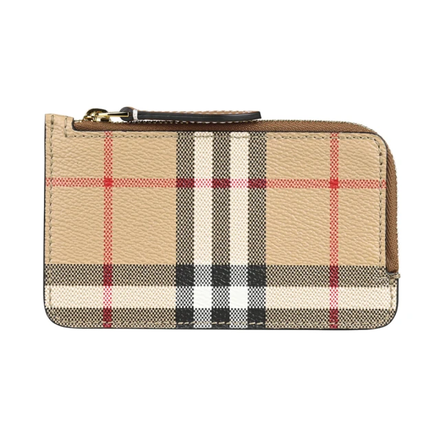 BURBERRY 巴寶莉 BURBERRY Somerset復古格紋印花PVC 3卡拉鏈零錢包(典藏米x棕)