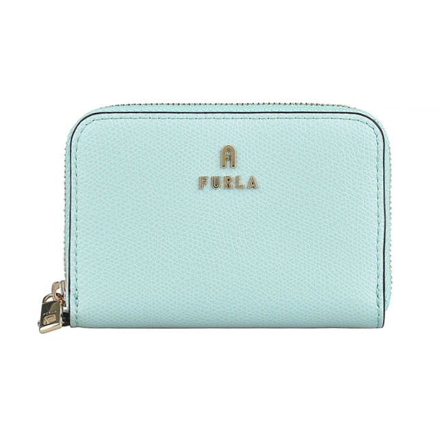 FURLA 芙拉 FURLA Camelia拱門LOGO拉鍊2卡牛皮零錢包(薄荷藍x棉花糖白)