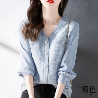 【初色】法式小香風V領長袖雪紡襯衫上衣女上衣-藍色-37847(M-2XL可選)