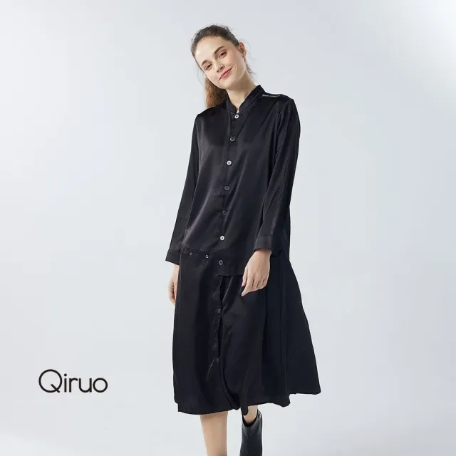 【Qiruo 奇若名品】光滑棉質 復古軟鍛設計黑色長袖洋裝0411F
