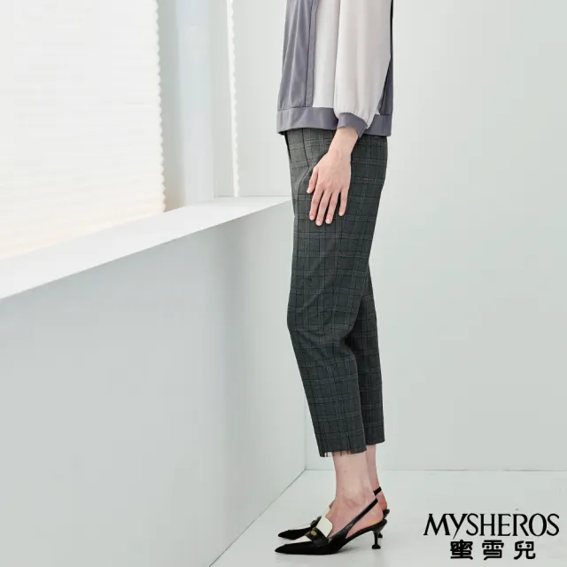 【MYSHEROS 蜜雪兒】造型休閒長褲 前釦拉鍊後鬆緊 葛倫格紋 褲腳網紗設計(鐵灰)