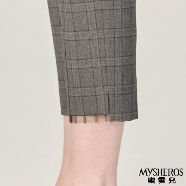 【MYSHEROS 蜜雪兒】造型休閒長褲 前釦拉鍊後鬆緊 葛倫格紋 褲腳網紗設計(鐵灰)