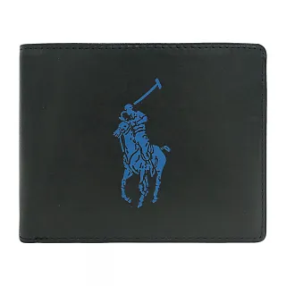 【RALPH LAUREN】RALPH LAUREN藍色壓印LOGO牛皮3卡對折短夾(黑)