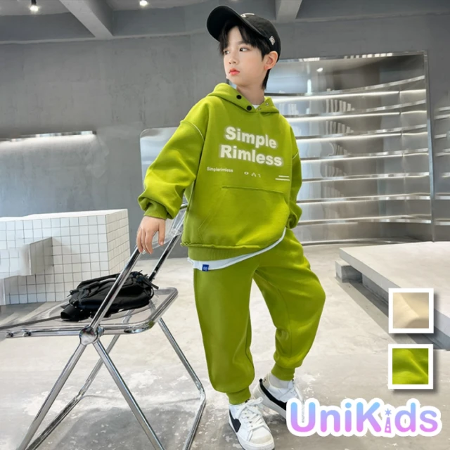 UniKids 中大童2件套裝長袖連帽T恤休閒長褲 男大童裝 VP23029(綠 米)