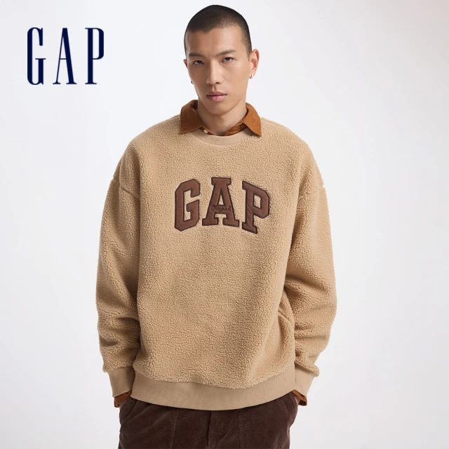 GAP 男女同款 Logo刺繡刷毛圓領大學T-海軍藍(609