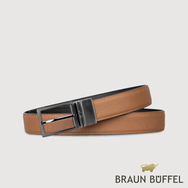 BRAUN BUFFEL 德國小金牛 台灣總代理 商務型男方頭十字刻印穿針式皮帶-鎗色(BF24B-WEG047-SGU)