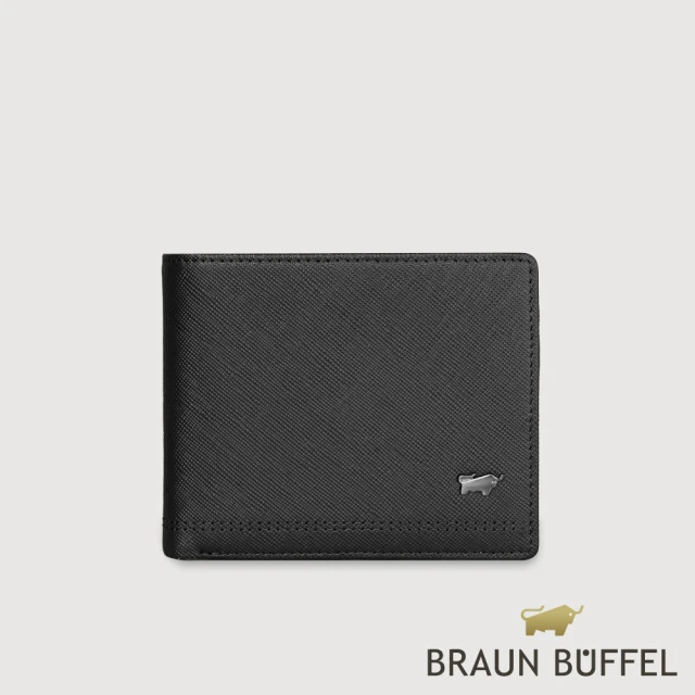 BRAUN BUFFEL 德國小金牛 台灣總代理 巴雷特 8卡中間翻零錢袋短夾-黑色(BF546-318-BK)