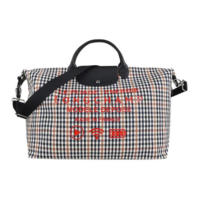 LONGCHAMP LONGCHAMP Le Pliage燙印紅字LOGO帆布千鳥格紋設計拉鍊手提/斜背旅行包(大/藍x棕x黑)