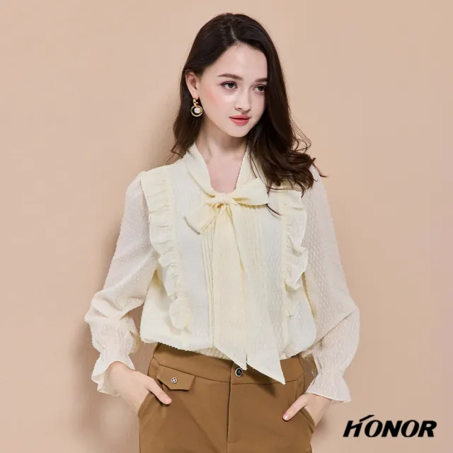 【HONOR 山形屋】出清品 抓皺領結泡泡袖上衣-米白(限定出清)