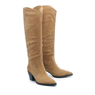 【HELENE_SPARK】西部牛仔堆堆V口牛麂皮尖頭高跟長靴(卡其)