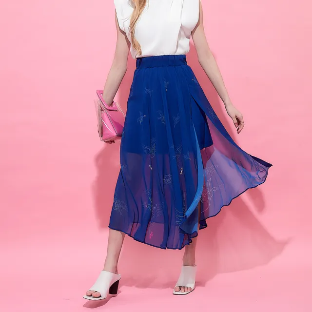 【ICHE 衣哲】法式皇室藍紡紗印花開衩層次拼接長裙