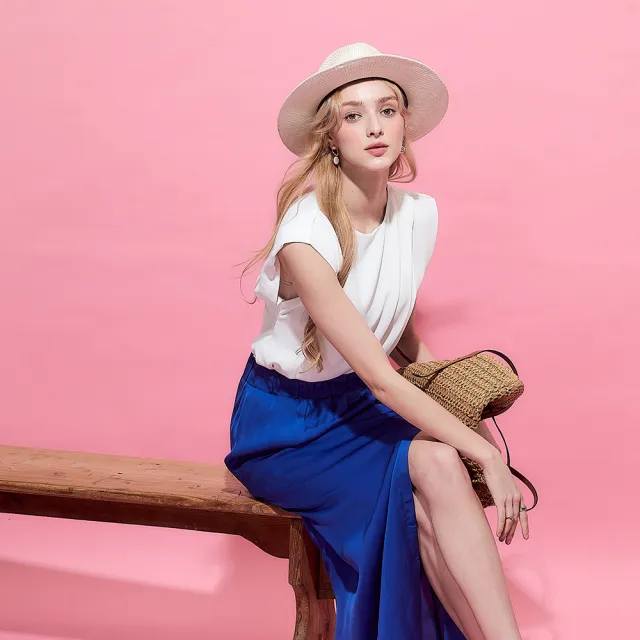 【ICHE 衣哲】法式皇室藍紡紗開衩層次拼接長裙