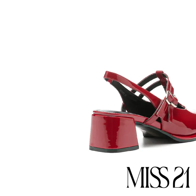 【MISS 21】微甜微酷少女T字簍空雙繫帶牛漆皮瑪莉珍高跟鞋(紅)
