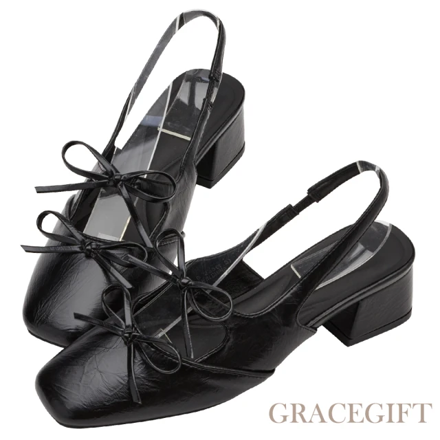 【Grace Gift】氣質方頭雙蝴蝶結瑪莉珍後空跟鞋(黑)