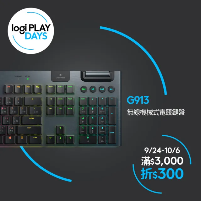 【Logitech G】G913 無線 機械式電競鍵盤(Clicky 敲擊感軸 / 青軸)