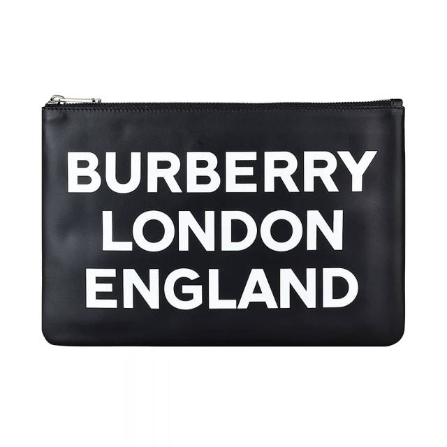 BURBERRY 巴寶莉 BURBERRY白字LOGO牛皮6卡拉鍊手拿包(黑)