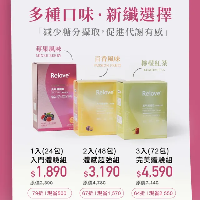 【Relove】馬甲纖纖飲X2盒 共48包 莓果風味/百香果/檸檬紅茶(升級版 七國專利 榮獲國際品質標章)