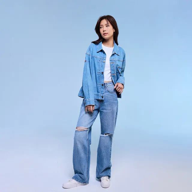【Lee】女裝 牛仔褲 / 428 高腰舒適直筒 破褲 中藍洗水(LB417122603)
