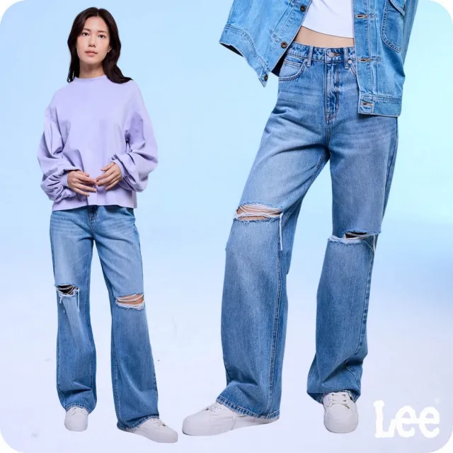 【Lee】女裝 牛仔褲 / 428 高腰舒適直筒 破褲 中藍洗水(LB417122603)