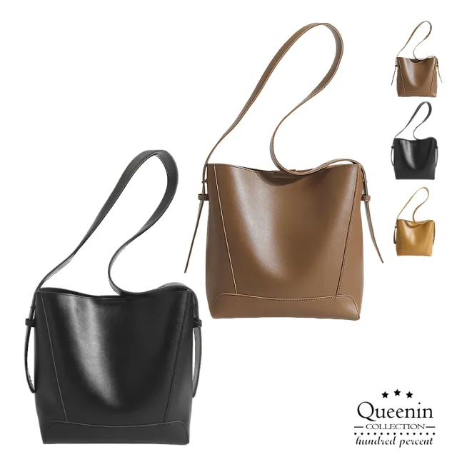 【DF Queenin】雙11 時尚皮革質感通勤兩用單肩斜背包水桶包-共3色