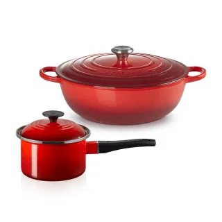 【Le Creuset】典藏琺瑯鑄鐵鍋媽咪鍋32cm+琺瑯醬汁鍋14 cm(櫻桃紅)