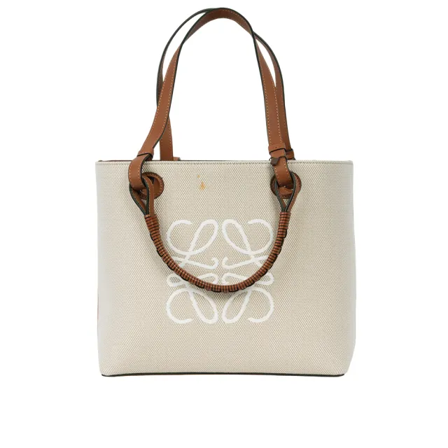 【LOEWE 羅威】Anagram 緹花布及小牛皮小款二用托特包_展示品(米色/棕褐色)