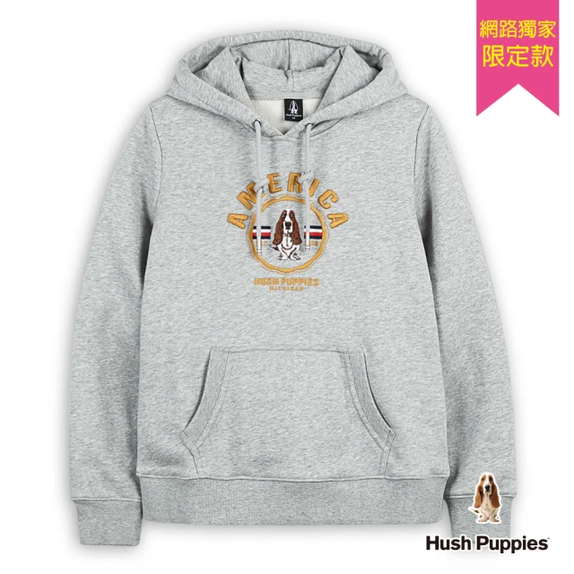 Hush Puppies 女裝 帽T 素色造型圓章品牌刺繡狗帽T(麻灰 / 44202901)