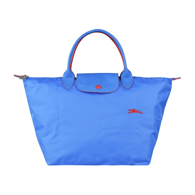 LONGCHAMP LONGCHAMP COLLECTION刺繡LOGO尼龍摺疊短把拉鍊手提包(藍紫x紅)