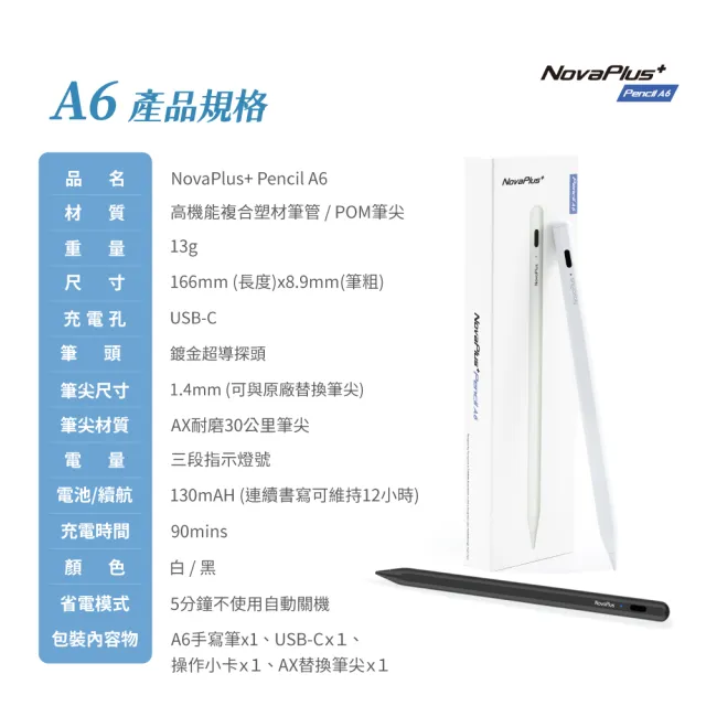 【NovaPlus】Pencil A6 iPad專用經典款觸控筆(適用2024年版iPad Air / Pro)