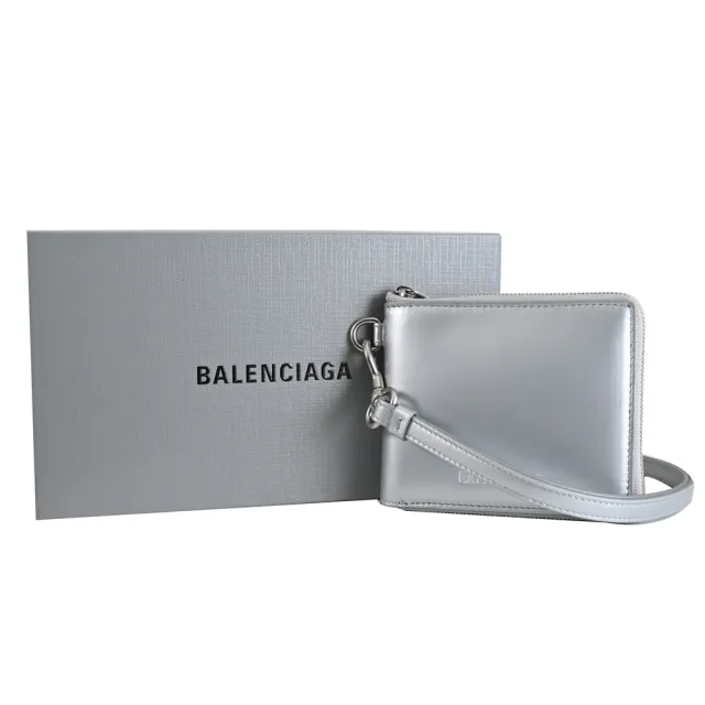 【Balenciaga 巴黎世家】簡約烙印LOGO小牛皮頸掛斜背式拉鍊零錢短夾(銀)