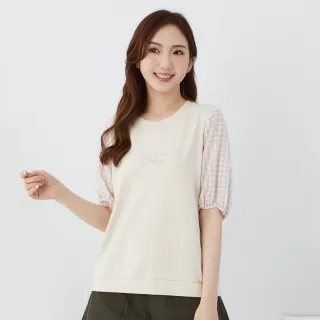 【betty’s 貝蒂思】繡字格紋澎澎袖拼接T-shirt(卡其)