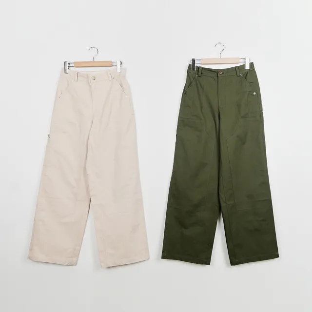 【MOSS CLUB】半腰鬆緊直筒工裝長褲(綠 杏)