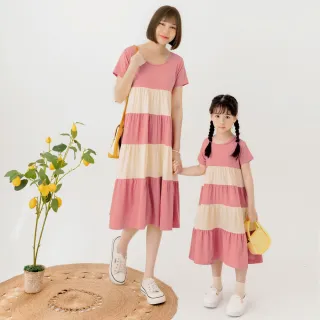 【OB 嚴選】棉質撞色拼接荷葉蛋糕洋裝親子款女 《MA0617》
