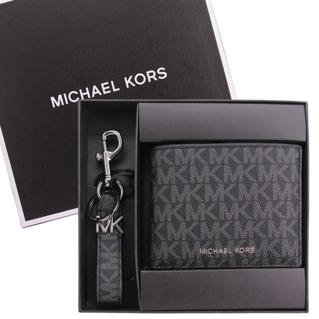 Michael Kors GIFTING系列 防刮皮革 6卡+鑰匙圈 短夾/禮盒(黑灰)