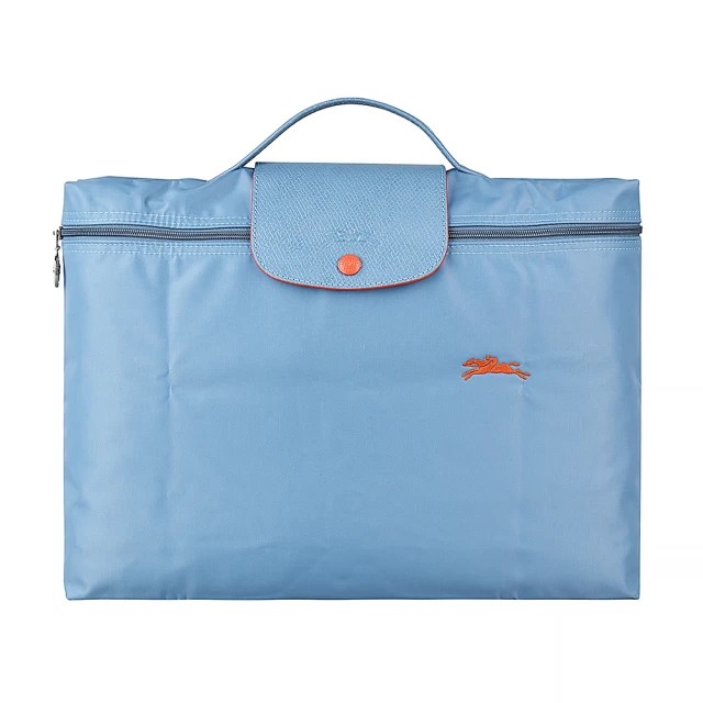 LONGCHAMP LONGCHAMP COLLECTION系列刺繡LOGO尼龍摺疊款手提公事包(霧藍x橘)