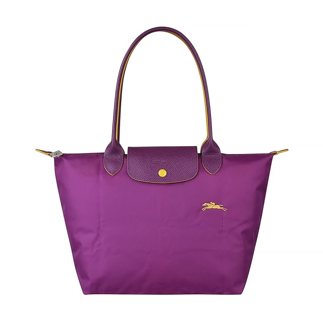 LONGCHAMP LONGCHAMP COLLECTION刺繡LOGO尼龍摺疊長把拉鍊肩背包(小/紫x黃)