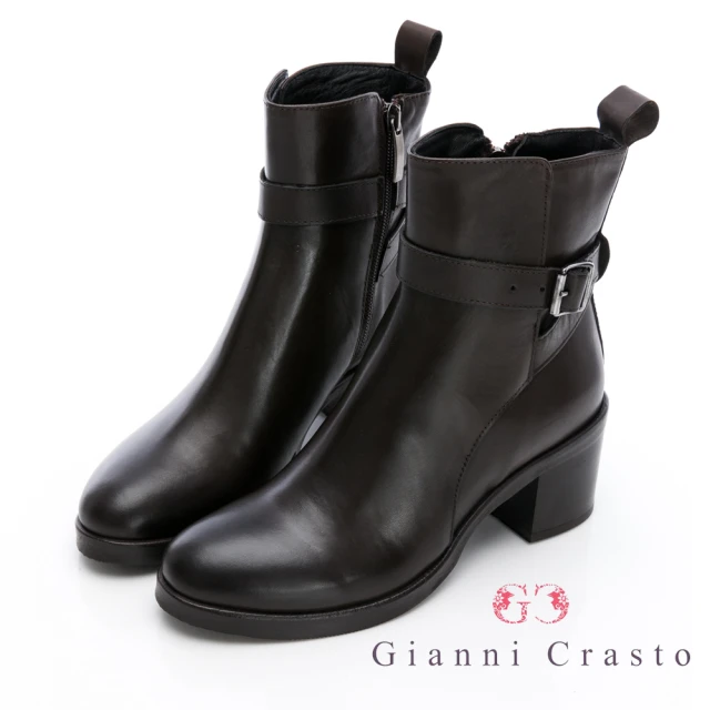 GEORGE 喬治皮鞋 義大利Gianni Crasto 真皮釦環中跟短靴-深咖 432015KP21