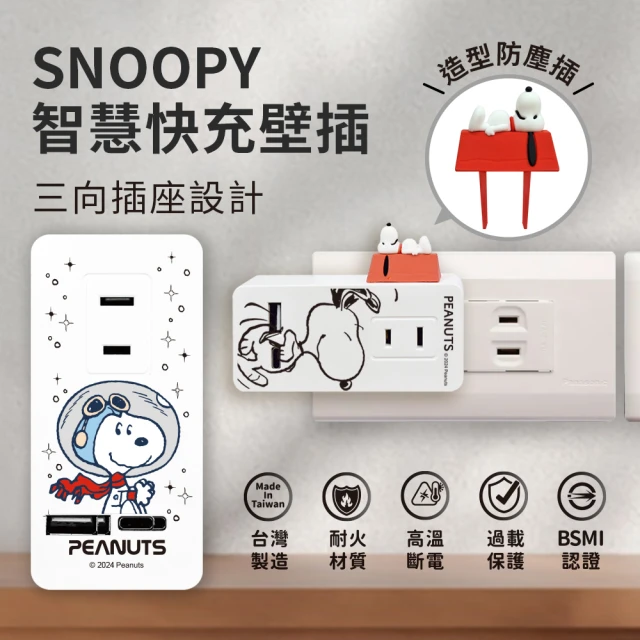 SNOOPY 史努比 3插+2埠USB/Type-C 智慧快充壁插/插座/轉接頭(附紅屋造型防塵塞)