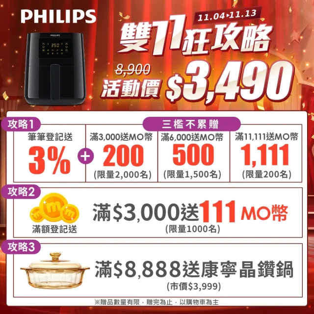 【Philips 飛利浦】熱穿透氣旋數位小黑健康氣炸鍋4.1L(HD9252/91)