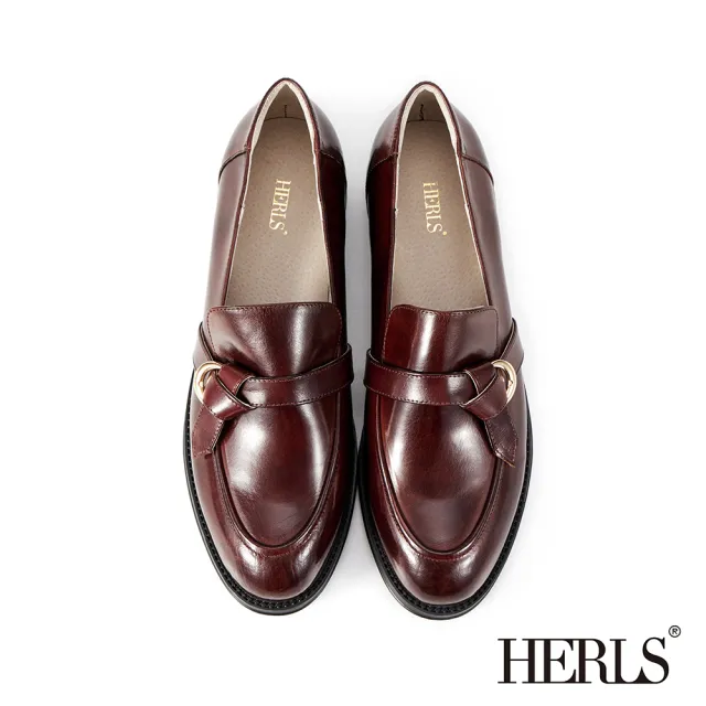 【HERLS】樂福鞋-蠟感全真皮金釦結飾造型低跟樂福鞋(酒紅色)