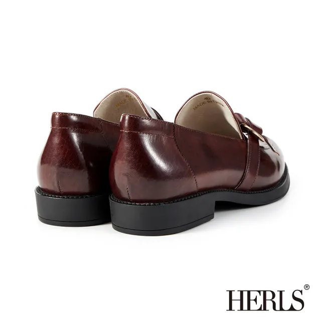 【HERLS】樂福鞋-蠟感全真皮金釦結飾造型低跟樂福鞋(酒紅色)