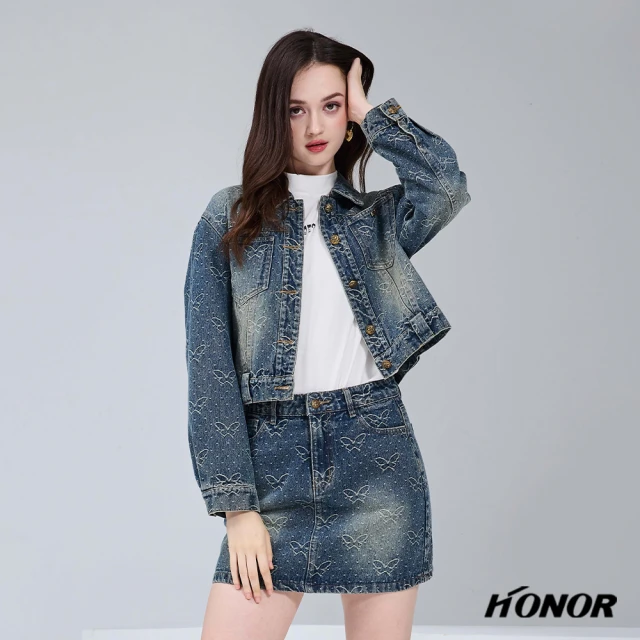 HONOR 山形屋 滿版蝴蝶刷色牛仔外套-藍