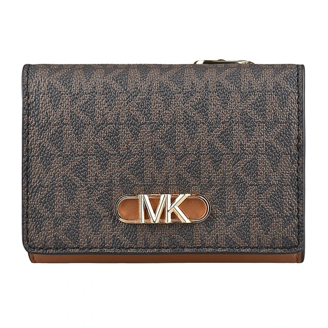 Michael Kors MK MICHAEL KORS PARKER LOGO釦式4卡滿版PVC三折短夾(橡子棕x深褐)