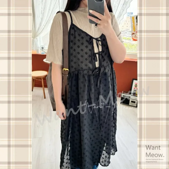 【Want-Meow】100公斤可穿/日系長版可調肩帶綁帶蕾絲透膚長版背心罩衫(大碼/大尺碼/加大碼/長版背心)